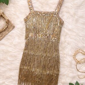 SHEIN Gold Sequin Fringe Mini Dress XS | Flapper Party NYE